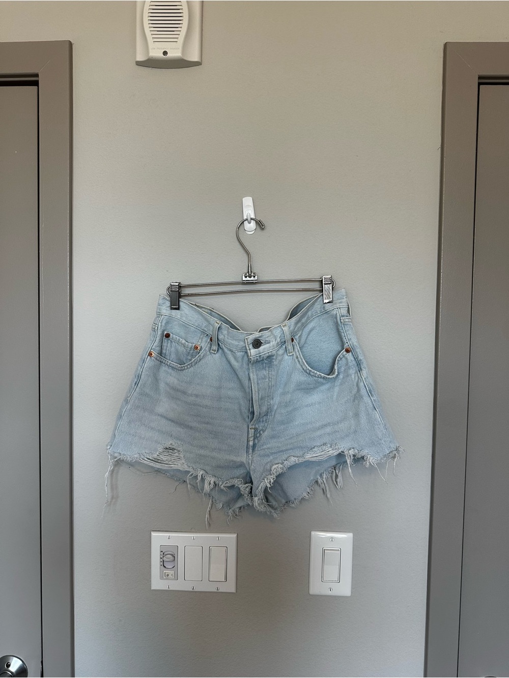 Levi's 501 Light Blue Distressed Cutoff Denim Shorts